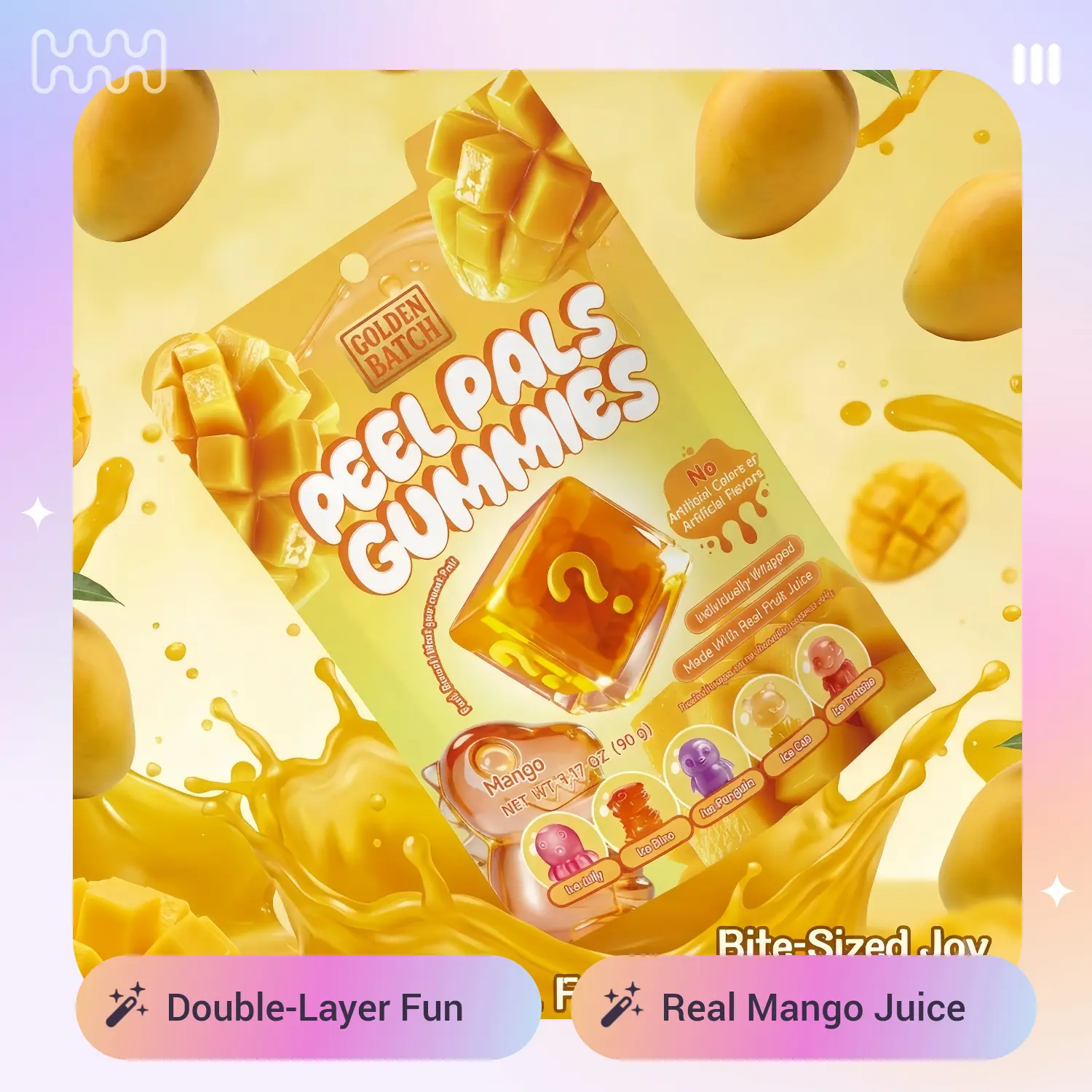 Peelable Mango Gummies, 3.17 oz Double-Layer Real Fruit Juice Candy, Halal Certified Vitamin C Rich Chewy Snack with Natural Ingredients, Coconut Oil, Gelatin, Syrups, 18 Months Shelf Life, Adult Afternoon Treat, Children, Adults