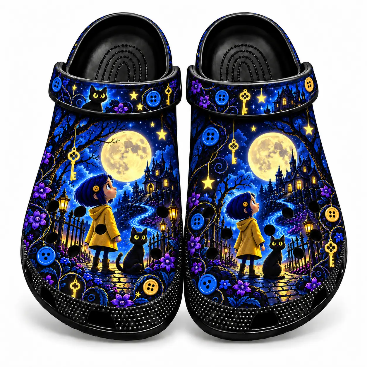 Coraline Inspired Clogs, Blue Hair Girl & Black Cat Graphic Shoes, Yellow Raincoat Moon Garden Clogs, Spooky Fantasy Button Key Slip-On Sandals, Unisex Halloween Casual Shoes