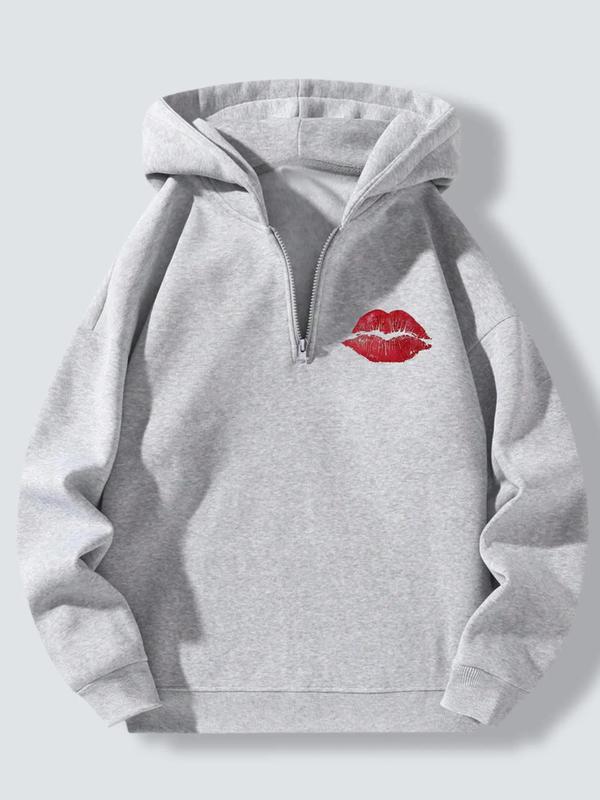 🔥Unisex Half-Zip "LOVE" Leopard & Red Lip Print Hoodie - Light Gray Style, Casual Streetwear Trendy Wear. #LovePrintHoodie #LeopardLipDesign #UnisexFashion #Streetwear Grab This Stylish Piece for Chic Vibe