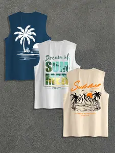 Men's Summer Casual Sleeveless Vest, Beach Coconut Tree Print, Tropical, Outdoor Sports Wear, Daily Versatile Style, Get 3 Pieces Set
