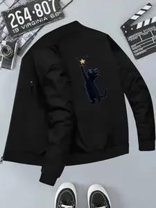 Healing Cat Star Element Windproof Baseball Jacket, Versatile Outerwear, Long Sleeve, Geometric Pattern, Casual Style, All Seasons