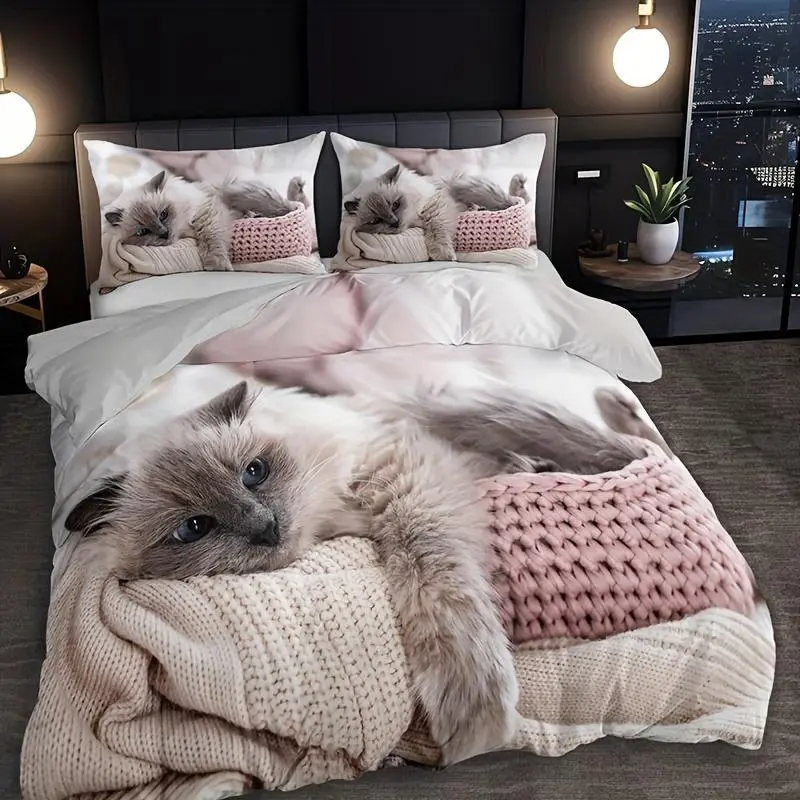 Cat Pattern Bedding Set, 1 Count Soft Comfortable Duvet Cover & 2 Counts Pillowcase without Filler, Bedding Supplies for Home Bedroom Hotel, Soft Bedding Sets, Comfy Bed Sets