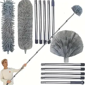 Multi-functional Telescopic Duster Set, 4.3m Stainless Steel Extension Pole - 3-in-1 High-Reach Cleaning Tool Kit, Effortlessly Removes Cobwebs and Household Dust - No Power Required, Telescopic Duster Tools
