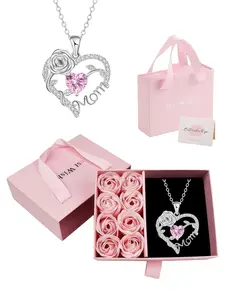 Rose Jewelry Gift Box With Heart Rose Mom Pendant Necklace, High End Necklace for Mama Grandma, Perfect for Mother's Day Gift Christmas Gift