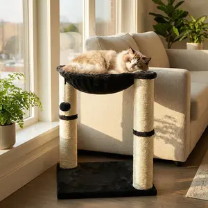Cat Condo Tower with Hammock Bed and Scratching Post,Easy to Assemble,Plush Hammock,Interactive Hanging Ball,Durable Sisal Scratch Posts for Indoor Cats