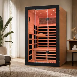 ARCH Double O'Guman Far Infrared Home Sauna Room, Okoume Wood Dry Sauna with Bluetooth Speakers, Colorful Lights, Reading Light, AC110V 2000W, American White Oak Finish, 74.8x47.3x47.3in, for Relaxation & Wellness