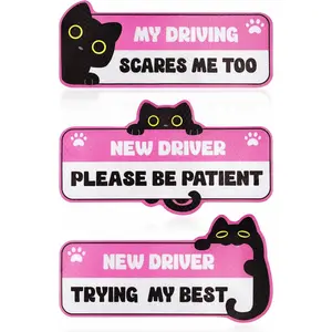3Pcs New Driver Magnet for Car, Cute Black Cat Student Driver Magnet Sticker for Car, Please Be Patient Keep Distance Safety Reflective Sign Reusable Movable Bumper Stickers & New Driver Gifts