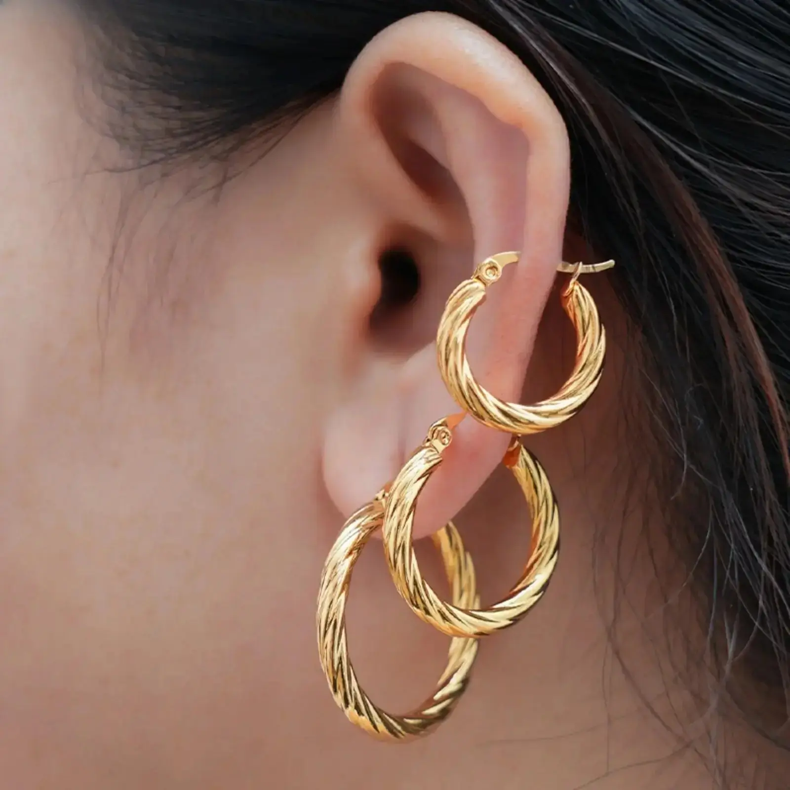 Gold Hoop Earrings Set for Women, 3-Pair Vintage Twisted Stackable Hoops, Minimalist Gold-Plated Stainless Steel Jewelry for Daily & Party Wear, Accessories For Women, Layered Stack Earrings, Triple Hoop Earrings
