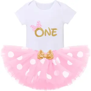 Baby Girls 1st Birthday Outfit Polka Dots ONE Romper Tutu Skirt Mouse Ears Headband Cake Smash Costume for Photo Shoot