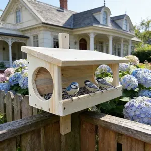 Natural Unfinished Wooden Bird & Squirrel Feeder, Wall Mounted, DIY Birdhouse with Dual Entrances, Paintable Outdoor Shelter for Birds & Squirrels