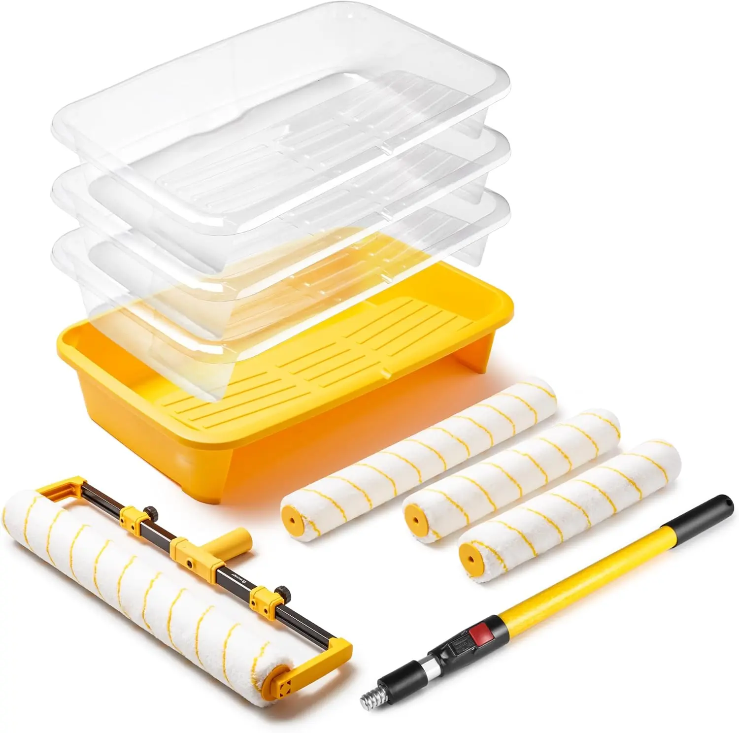 10Pcs DIY Large Wall Roller Set - 12in & 18in Microfiber Covers, Paint Tray with Disposable Liners, Adjustable Extension Pole - All-in-1 Home Supplies for Beginners, Interior Walls, Ceilings