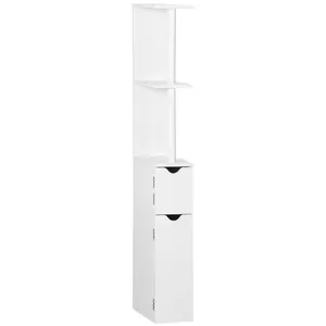 kleankin Tall Bathroom Storage Cabinet, Freestanding Linen Tower with 2 Open Shelves and 2 Door Cabinets, White