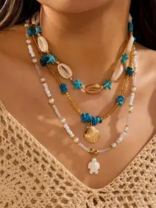 Shell Necklace for Women, Layered Starfish Conch Seashell Pearl Pendant, Waterproof Dainty Beach Jewelry, Boho Style for Summer Vacation