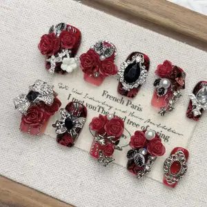 Handmade 3D Gothic Rose Nails | Red Black Rhinestone Pearl Press On Nails Luxury Set
