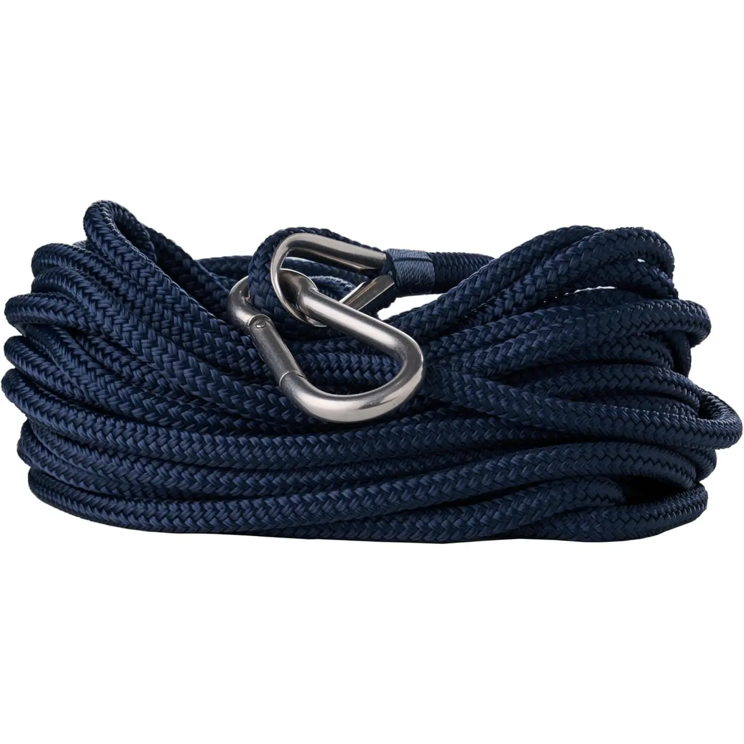 RainierSupplyCo Soft Braided Nylon Boat Rope - 50 ft x 3/8 in Marine Line for Anchoring - 316 Thimble, 316 Marine Bow Shackles, 4,035 lbs Capacity - Navy Blue, Boat Owners