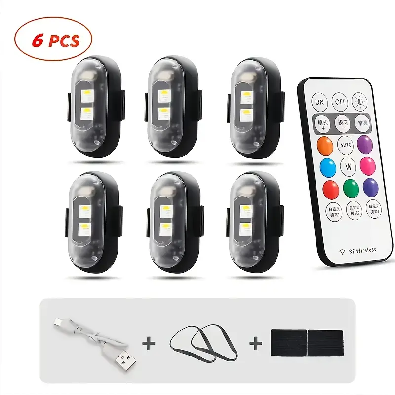 6PCS Compact Wireless LED Strobe Light Set with Remote Controller, 8-Color USB Port & Battery-Powered Emergency Warning Light, Suitable for Motorcycles, Cars, Garden Decoration (Hardware Lighting Tool), Lights & Reflectors