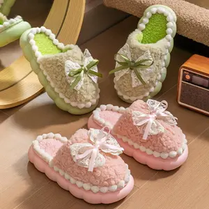 Women's Bow Decor Fuzzy Slippers - Thick-Soled Warm Indoor Home Shoes