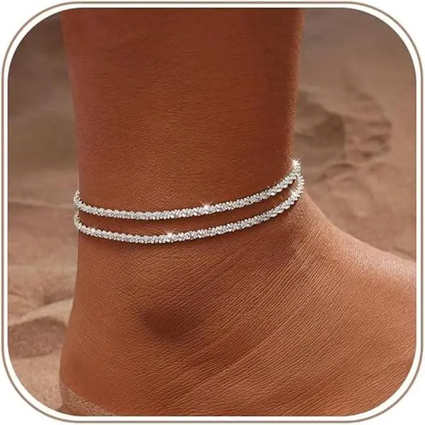 14k Silver Anklets for Women, Waterproof Sterling Silver Anklet, Layered Ankle Bracelets for Women, Dainty Stackable Silver Ankle Bracelet with CZ Rhinestones, Adjustable Beach Jewelry Gift