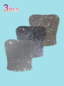 3-Pack Starry Rhinestone Tube Tops, Sexy Short Slim Fit Backless Crop Top, Y2K Millennium Style Inner Outer Wear, Party Stage Eye-Catching Shirt