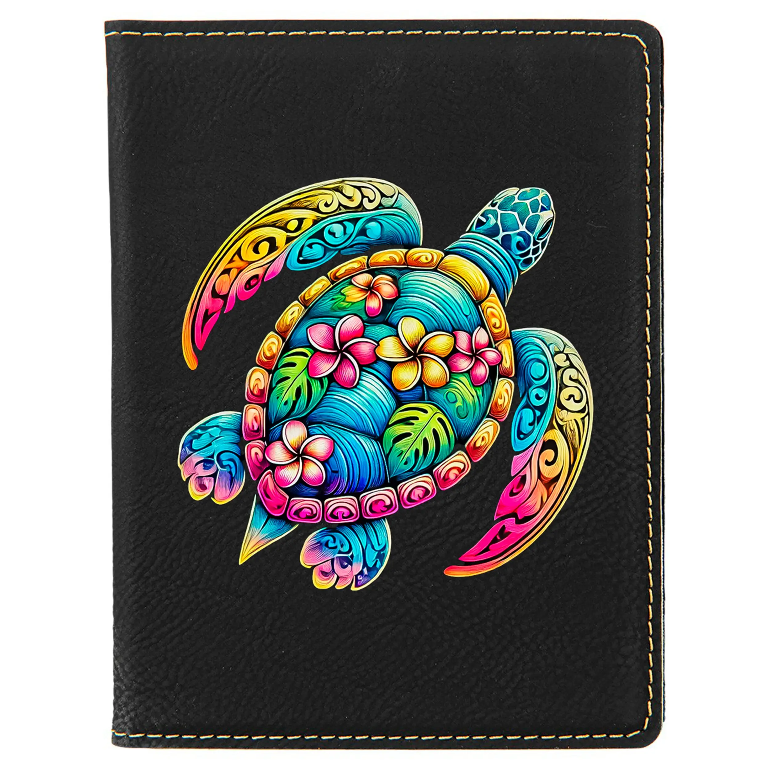 Plumeria Turtle Leatherette Passport Holder – Tropical Travel Accessory with Engraved Name
