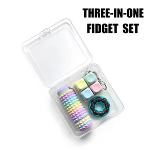3-IN-one Fidget Toys,Rainbow Set,Fidget Keychain Keyboard,Pain Fidget-3D Printed Spiky Grippie Stim Keychain,Stress-Relieving Magnetic Balls,EDC Poker,Gift for Friends