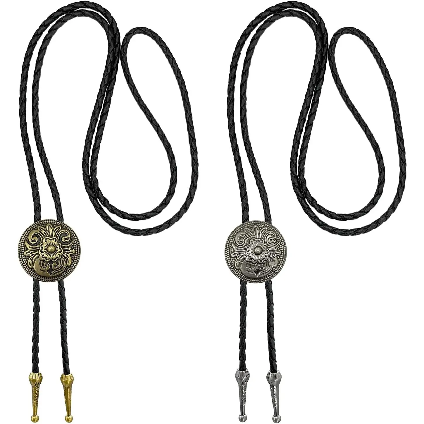 Men's Vintage Western Bolo Ties, 2-Pack Set with Leather Cord & Adjustable Zinc Alloy Pendant, Gold & Silver Cowboy Accessories for Birthday, Friends, Male, All Seasons, Vintage Plated, Western Charm, Sliding Pendant, Family, Casual, Two Pack