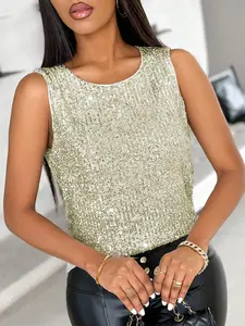 Women's Sequined Sleeveless Fitted Top Piece, Womenswear, Cool and Eye-Catching Style, Simple Design, Perfect for Parties and Nightclubs