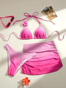 Women's Ombre Lace-Up Sleeveless Bikini Set, Sexy High-Cut Push-Up Design, Natural Waist Swimwear for All Seasons Bikini Swimsuit