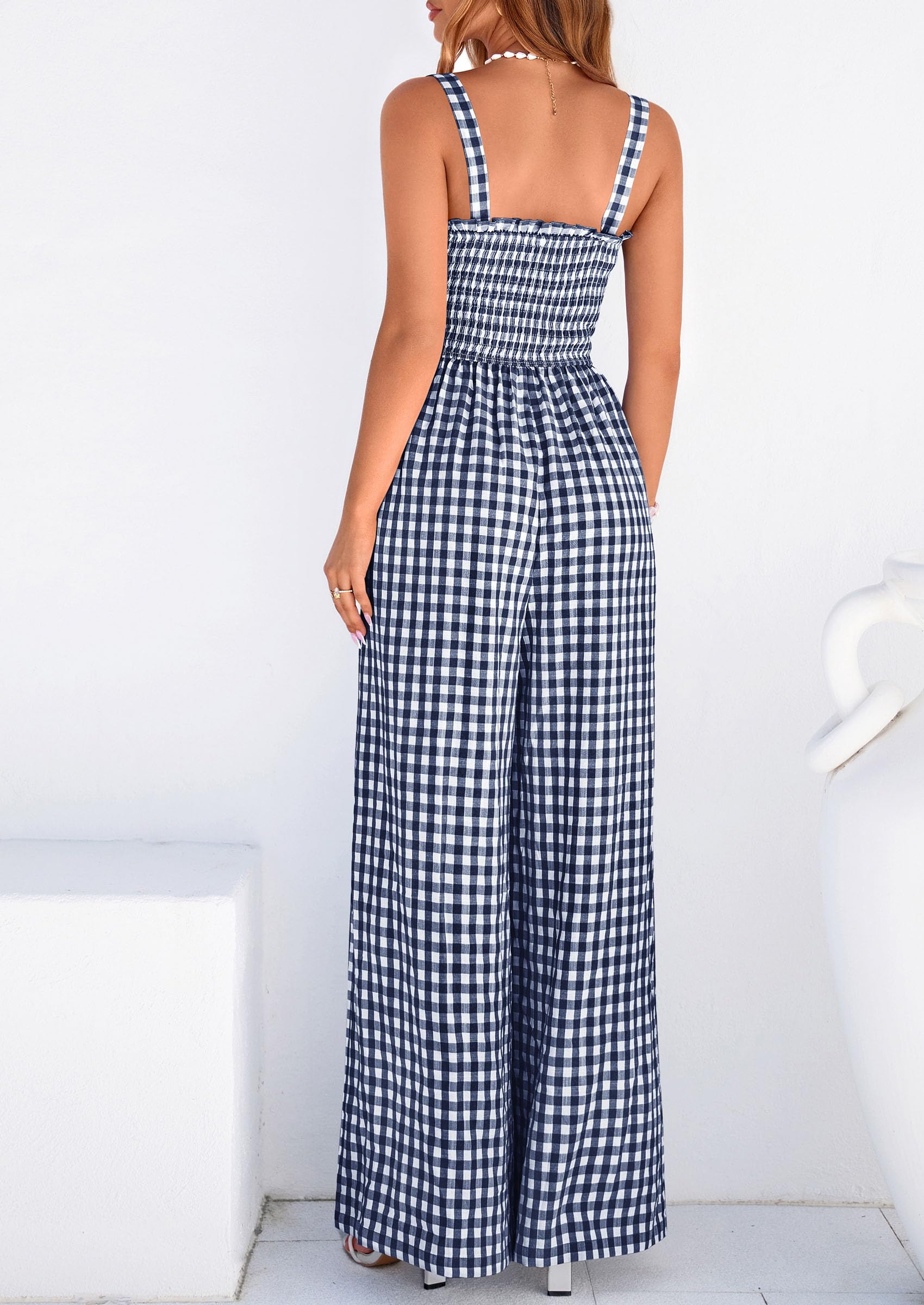 PrettyGarden Plaid One Piece Jumpsuits for Women Casual Summer Cruise Outfits Spring Fashion Smocked Wide Leg Gingham Rompers#Summervibes