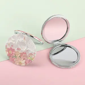 Double-Sided HD Mini Portable Makeup Mirror, Soft Oil Painting Style, Flower Design, PU Leather Foldable, Essential for Students