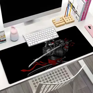 Cool Black Red Samurai Large Gaming Mouse Pad, Skeleton Samurai Warrior Art Big Desk Mat, Non-Slip Rubber Base Stitched Lock Edge Desk Mat, Durable Computer Accessory for Home Office & Gaming Setup, Perfect Gift for Gamers