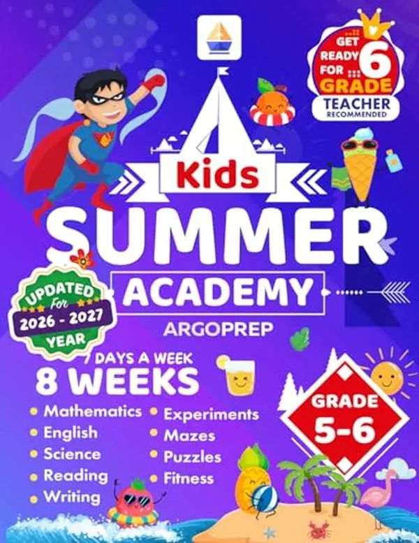 Used ArgoPrep Kids Summer Academy Soft Cover Book (argobrothers, Good-Like New) - Grades 5-6, 8 Weeks of Math, Reading, Science, Logic, Fitness, Yoga, Online Access, English, Prevents Summer Learning Loss