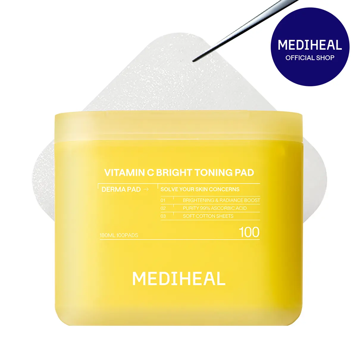 [MEDIHEAL] Vitamin C Bright Toning Pad (100 pc) | 7 Vitamin Complex + Glutathione & Niacinamide | Up to 30.57% Greater Tone Improvement with Vitamin Serum | Brightening, Glow & Dark Spot Care | Large Stretchable Square Pads | Korean Skincare