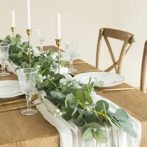 2pcs Eucalyptus Flower Wreaths with White Flowers Green Artificial Leaf Wreaths Table Runner Vines for Wedding Arch Fireplace Party Room Decoration