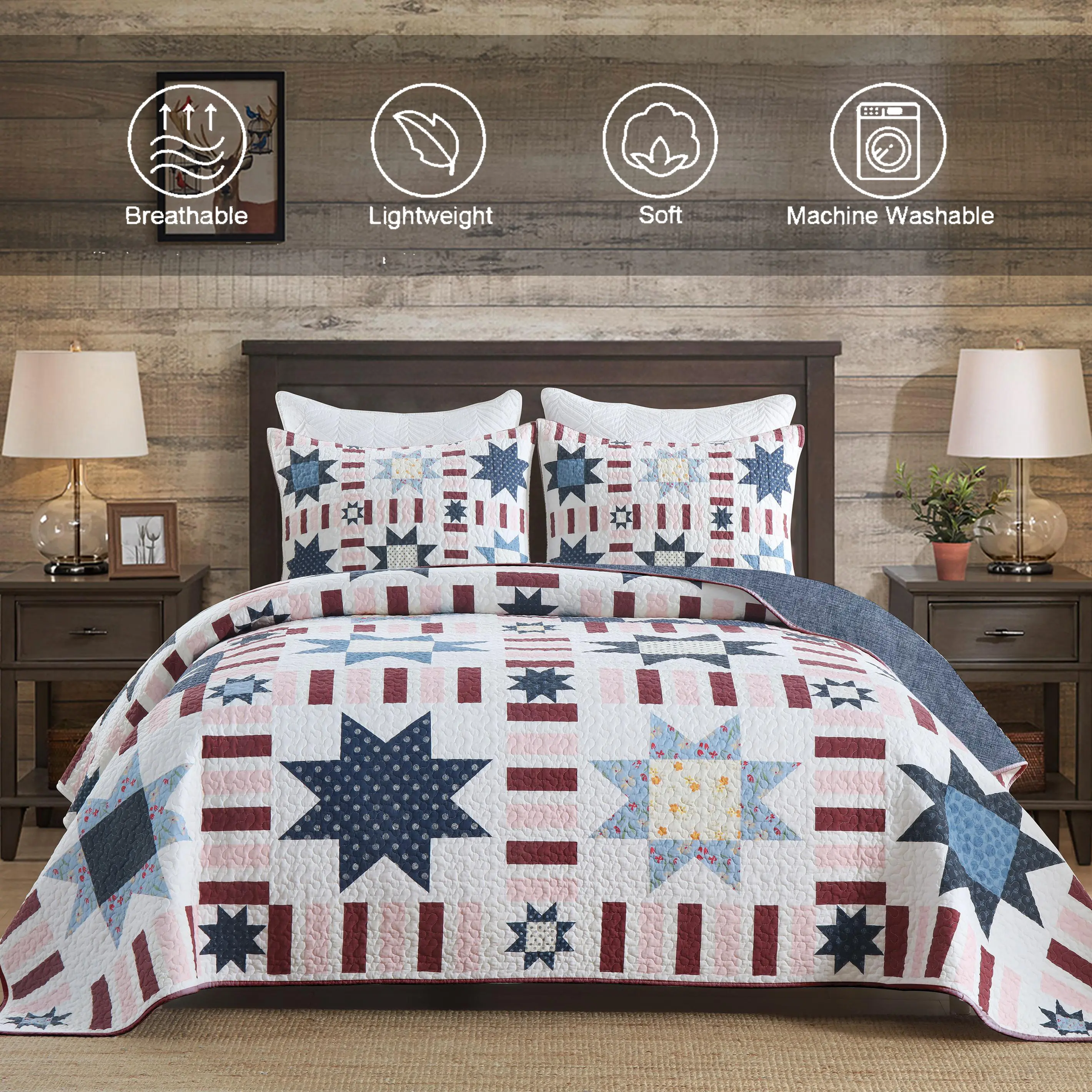 King 3-Piece Reversible American Flag Star Shape Geometric Patchwork Bedspread Set with Shams - Red White Blue Flat Weave Rectangle Cover, Modern Wrinkle-Resistant Breathable Soft All-Season Lightweight Farmhouse Quilt Bedding (3-Piece Sets)