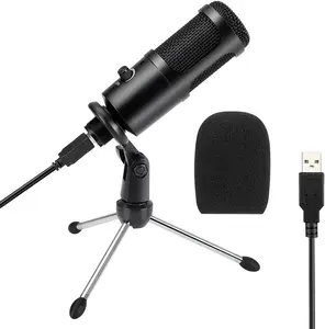 Condenser USB Mic with Tripod Stand for Gaming, Podcast, Skype Chatting, YouTube, Voice Overs, Streaming, Compatible with Mac PC Laptop Desktop Windows Computer Alloy Aluminum Audio Recording Plug Metal Clip