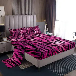 Zebra Stripe Bed Sheets Set,Hot Pink Zebra Sheet Set,Wild Animal Sheets with Deep Pocket Fitted Sheet,Skin Fur Print Microfiber Soft Bed Set