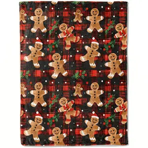 1PC Ultra-Soft Gingerbread Man Throw Blanket - Lightweight Flannel, Cheerful Red Plaid Contemporary Style, Machine Washable, Multipurpose Seasonal Occasion Throw for Sofa, Bedroom Decor, Knitted All-Season Cozy
