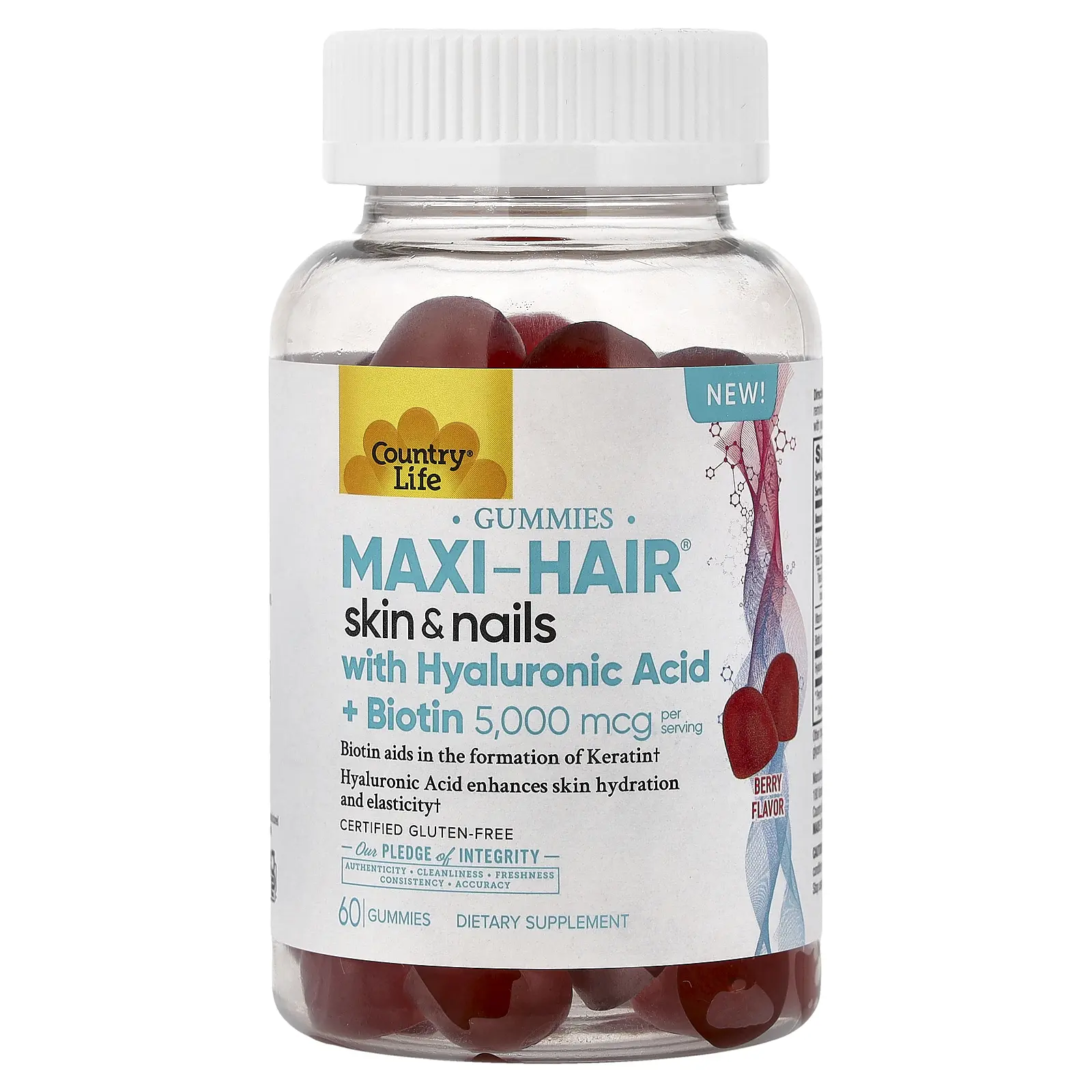 Country Life Maxi-Hair® Skin & Nails Gummies with Hyaluronic Acid + Biotin, Berry, 60 Gummies