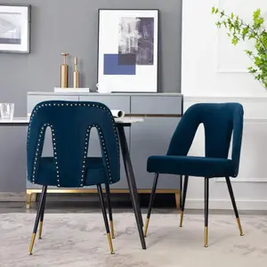 Bellemave Contemporary Velvet Upholstered Dining Chair with Nailheads Gold Tipped Black Metal Legs Blue Set of 2 for Modern Dining Rooms