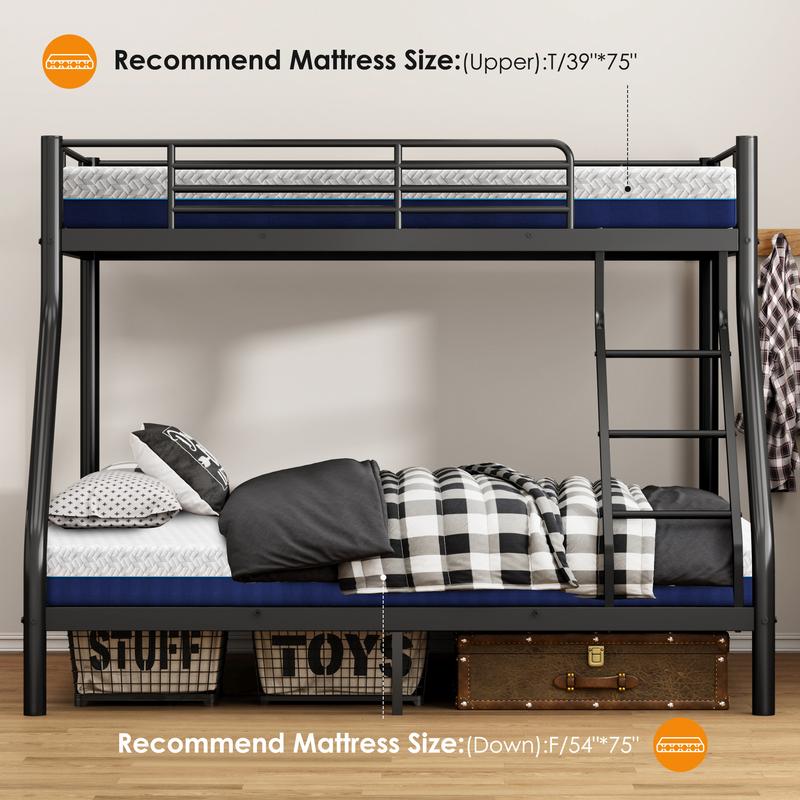 Bunk Bed Twin Over Full Size, Quiet & Sturdy Space-Saving Metal Bunk Bed with 9.8-Inch Guardrail and Ladder for Kids, Teens, And Adults, Black Heavy-Duty Frame with 400 lbs Capacity for Small Bedrooms & Shared Rooms