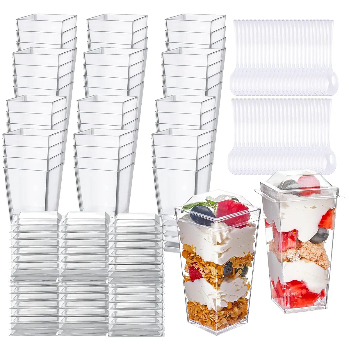 50 Packs Dessert Cups with Lids and Spoons – 3oz Mini Clear Plastic Parfait Cups, Disposable , Food Grade PP, Leak-Proof Sealed Lid, for Pudding Ice Cream Yogurt Fruit Trifle, Party Wedding Catering Buffet
