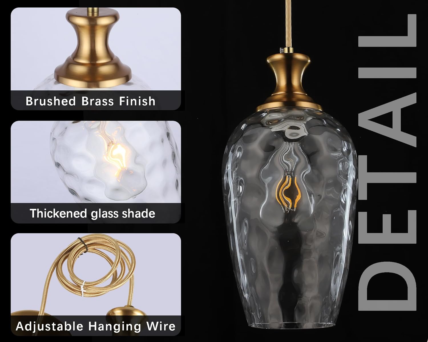 Glass Pendant Lights Kitchen, Clear Glass Hanging Light Fixtures Farmhouse Brass Gold Pendant Light for Kitchen Sink Dining Room