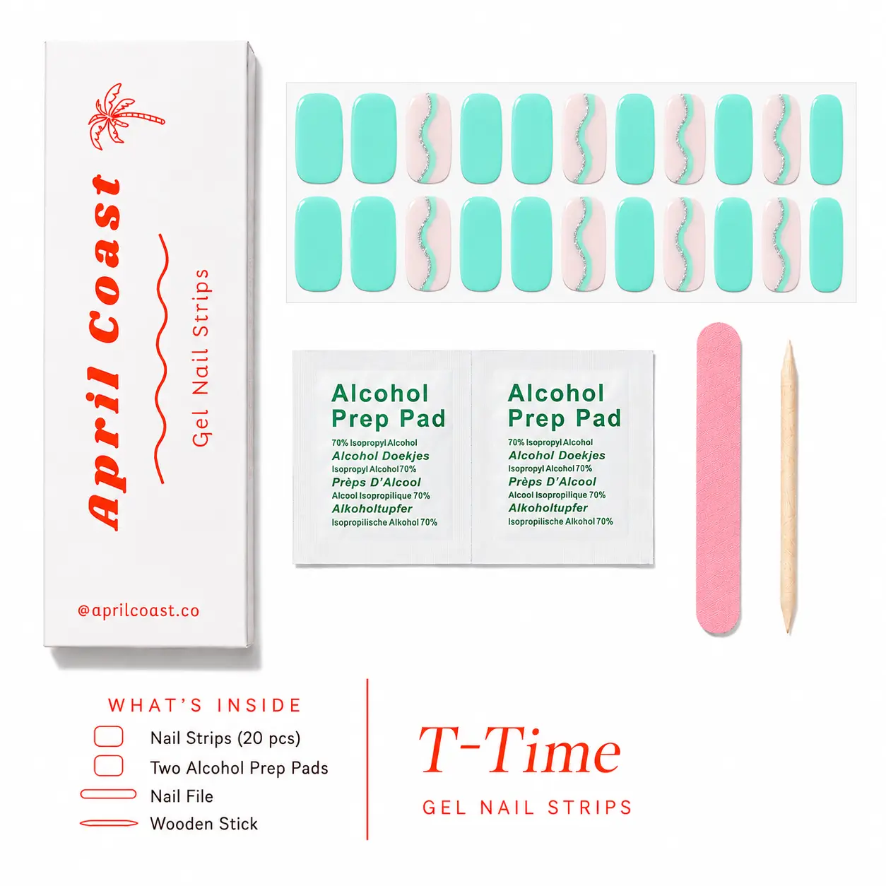 T-Time  April Coast Semi-Cured Gel Nail Strips, Mint Teal & Pink Swirl Nail Wraps with Silver Glitter Accent, Glossy UV Gel Stick-On Nails, Long Lasting Manicure, Easy DIY Salon Nails, Cure with UV Lamp, 20 Gel Nail Strips