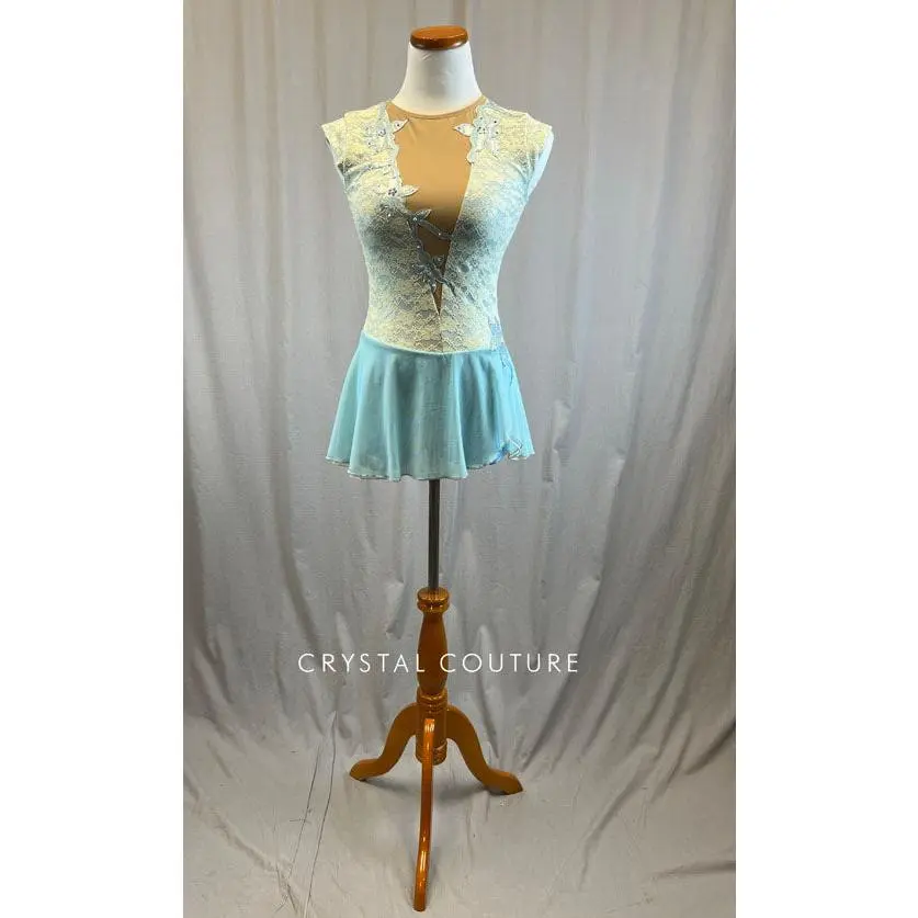*Brand New* Ivory and Light Blue Lace Leotard with Skirt and Applique - Rhinestones