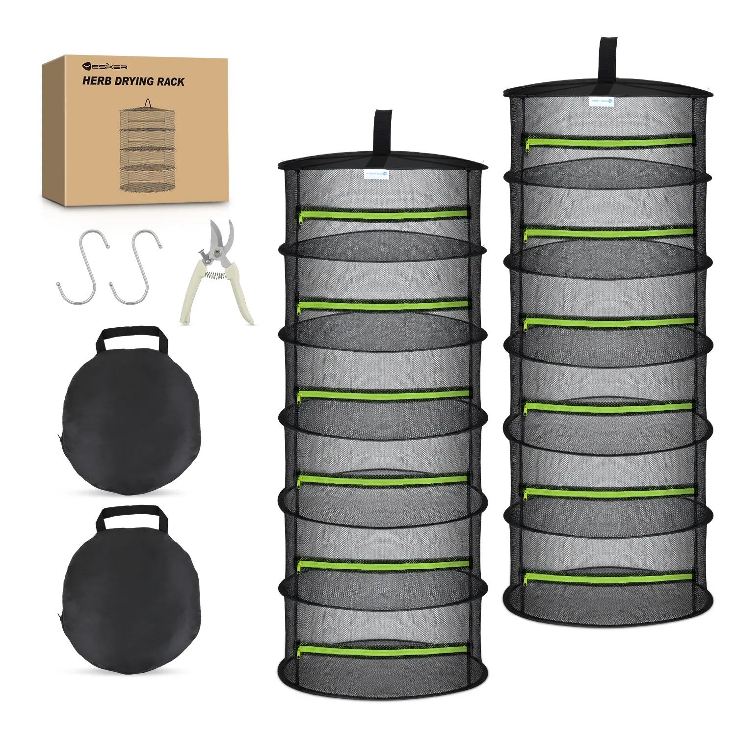 Yesker 2-Pack 6-Layer Hangable Herb Drying Racks with Steel Hook, 24in Waterproof Mesh Net, Foldable Expandable Design, Green Zipper, Pruning Shears & Storage Bags for Growers’ Herbs, Seeds, Buds, Garden Supplies
