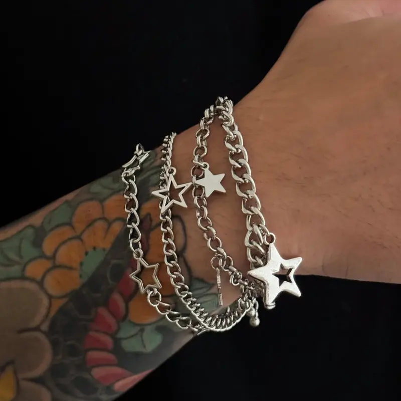 Men's Hip Hop Style Hollow Out Star Stackable Fashion Bracelet Set, Casual Vintage Design Daily Party Metal Bracelets Gift, Stacked Bracelets, Layered Bracelet Set