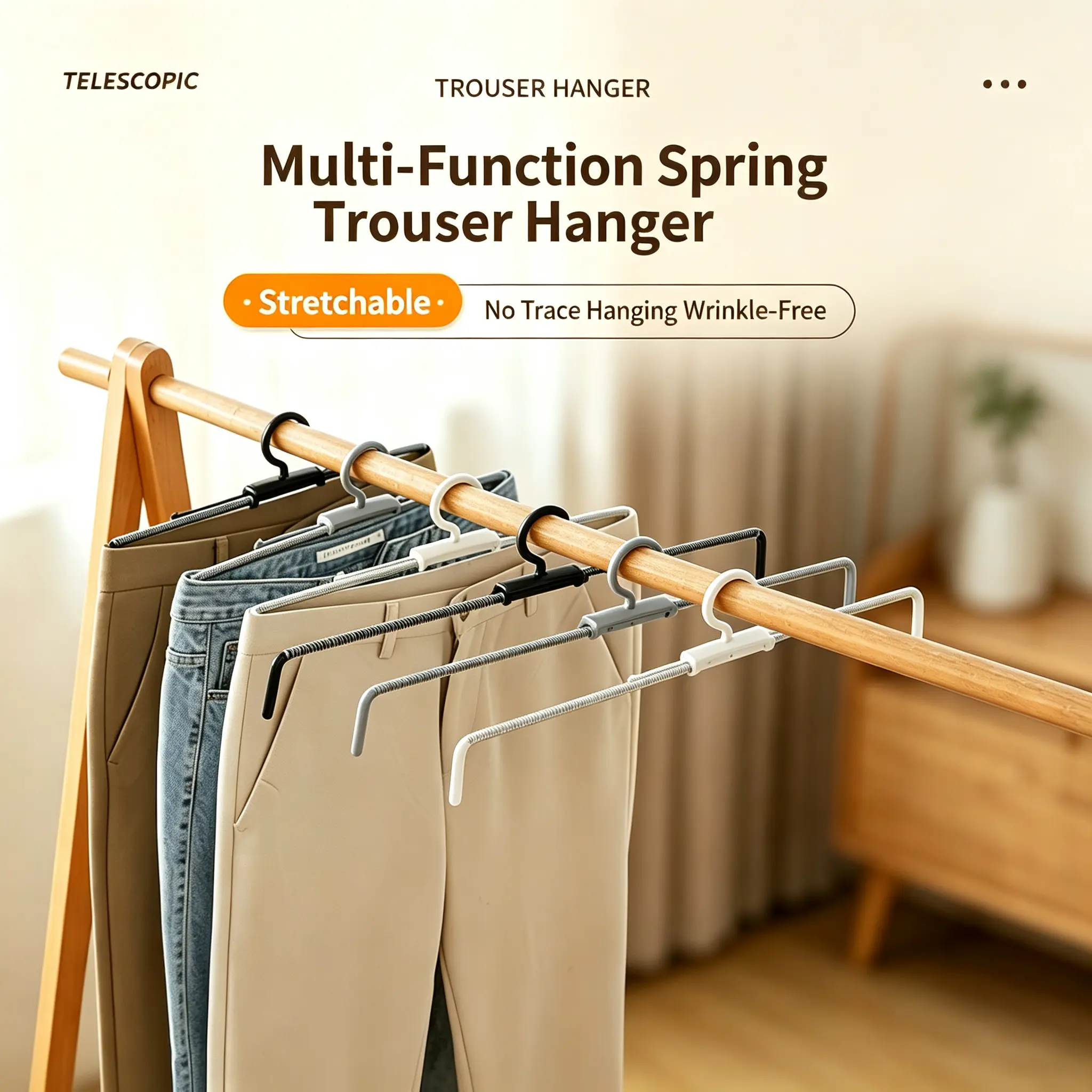 Retractable Spring Trouser Hangers, Non-Slip No Mark Pants Hanging Clips, Heavy Duty Stretch Pant Organizer Hooks for Closet Storage, Anti-Wrinkle Garment Hanging Rack for Jeans Slacks Skirts