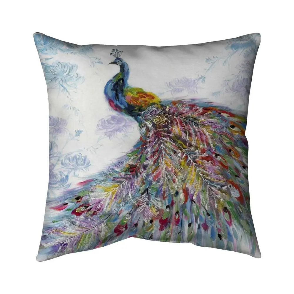 Begin Home Decor 5541-1616-AN17 16 x 16 in. Majestic Peacock Pillow - Blue Bird Decor with Flowers