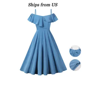 Women's casual dress suspenders ruffled flared skirt, summer cocktail party wedding guest date elegant flowing midi dress outdoor fun OutdoorFun Elegance Formal Earrings Feminine Denim Day Polyester